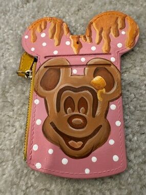 Disney Mickey waffle Card Case Pink Polka Dot Coin Pouch with Gold Drip Accent